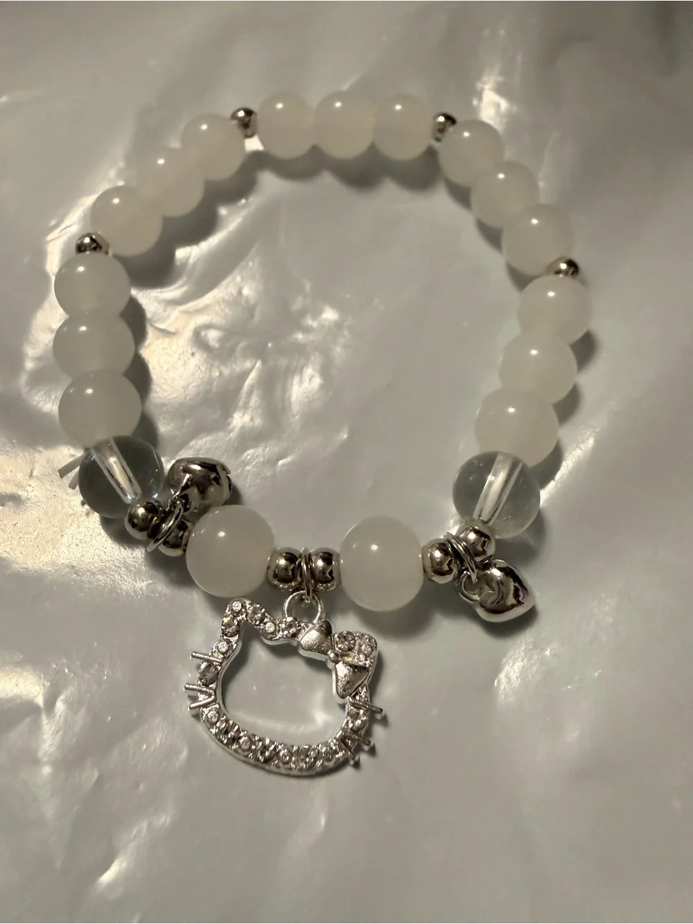 White Beaded Charm Bracelet with Silver Hello Kitty Pendant